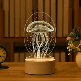 Acrylic LED lamp with etched mushroom design glowing on a wooden base