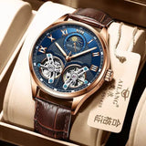 AILANG blue dial automatic watch with twin skeleton flywheels, moon phase and brown leather strap