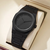 Black matte steel octagonal watch shown at an angled view on a display stand