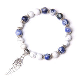 Blue and white marbled stone bead bracelet with silver angel wing charm