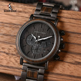 BOBO BIRD ebony wood watch with grey chronograph dial and dark wood and steel bracelet