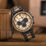 BOBO BIRD wooden chronograph watch with cream dial, sub-dials and two-tone wood bracelet