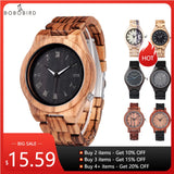 BOBO BIRD zebra wood watch with dark dial shown with price and multi-buy discount banner