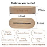 Spec card showing wooden lamp base dimensions and available custom greeting text options