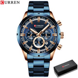 Silver and blue steel chronograph watch with blue dial next to a gift box