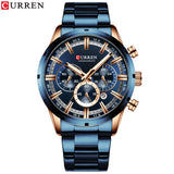 Blue steel chronograph couples watch with blue dial beside a black gift box