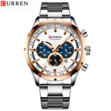 Silver and rose gold chronograph watch with blue dial and steel bracelet