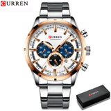 Silver bracelet chronograph watch with rose gold bezel and white dial with box