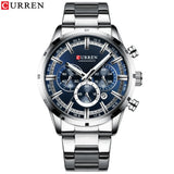 Silver steel chronograph watch with blue dial and matching steel bracelet