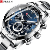Silver stainless steel chronograph watch with blue dial and three subdials