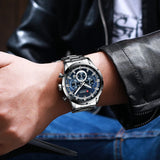 Man in a leather jacket wearing the silver steel blue chronograph watch