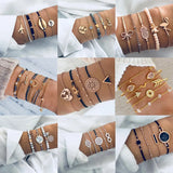 Collage of layered boho bracelet stacks in gold and silver with assorted charms on wrists