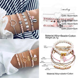 Spec collage of gold bracelet set laid flat with striped background and measurements