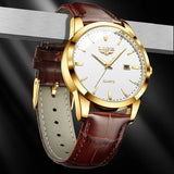 Gold case white dial watch with beige leather strap shown close up on dark background
