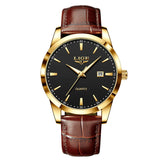 Gold case watch with black dial and brown leather strap