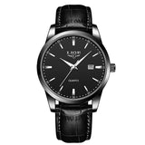 Silver case watch with black dial and black leather strap