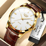 Gold case watch with white dial and brown leather strap displayed in a box with sale price tag