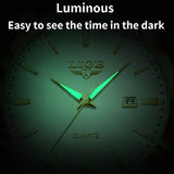 Watch dial glowing green in the dark highlighting luminous hands and markers
