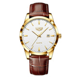 Gold case white dial watch with brown leather strap front facing view