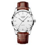 Silver case watch with white dial and brown leather strap