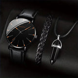 Black dial watch with black leather strap paired with braided bracelet and pendant
