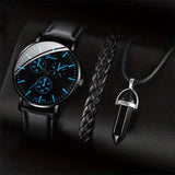 Black chronograph watch with blue accents paired with a braided bracelet and crystal pendant necklace