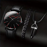 Watch with two-tone dial and red accent line paired with braided bracelet and pendant