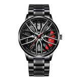 Black stainless steel car wheel watch with red caliper accent on white background