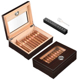 Wooden humidor box open at an angle showing cigars and interior mirror