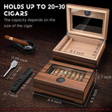 Wooden humidor box shown with a callout highlighting capacity for up to 20 to 30 cigars