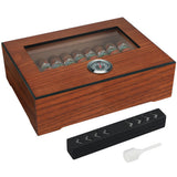 Closed wooden humidor box shown beside a black cigar cutter accessory
