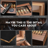 Wooden humidor box interior shown with a graphic highlighting craftsmanship details