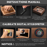 Wooden humidor box shown with instructions manual and digital hygrometer calibration graphic