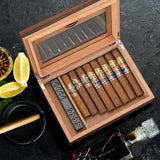 Wooden cigar humidor box open showing cigars alongside cutter and lighter accessories