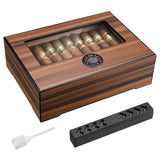 Wooden cigar humidor box with glass lid open showing rows of cigars inside