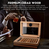 Wooden humidor box shown with a callout highlighting premium cedar wood construction