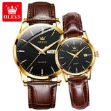 Gold case black dial couple watches with brown leather straps displayed together