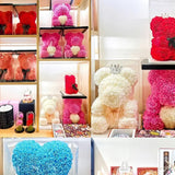 Collage showing foam roses used for rose bears, boxes and decorative displays