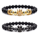 Black matte onyx bead bracelets with gold crown charm and black hematite crown charm