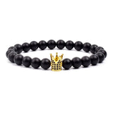 Black matte onyx bead bracelet with rose gold crown charm