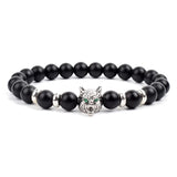 Black matte onyx bead bracelet with silver wolf head charm