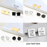 Square and round cufflinks in silver, gold and black finishes on white display blocks