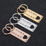 Three engraved bar keychains in gold, silver and rose gold with cut out heart and custom date