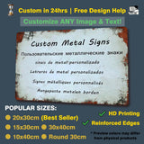 Custom metal tin sign banner showing available sizes, HD printing and reinforced edges