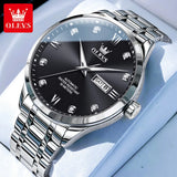Two-tone silver and gold watch with black dial and day date window