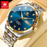 Two-tone silver and gold watch with blue dial and day date window