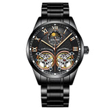 All black automatic watch with skeleton dial and black steel link bracelet