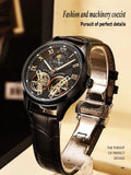 Black dial skeleton automatic watch displayed on a stand with product detail text panel