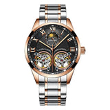 Black skeleton dial watch with two-tone silver and rose gold steel link bracelet
