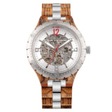 Two-tone light and dark wooden skeleton watch shown on a white background